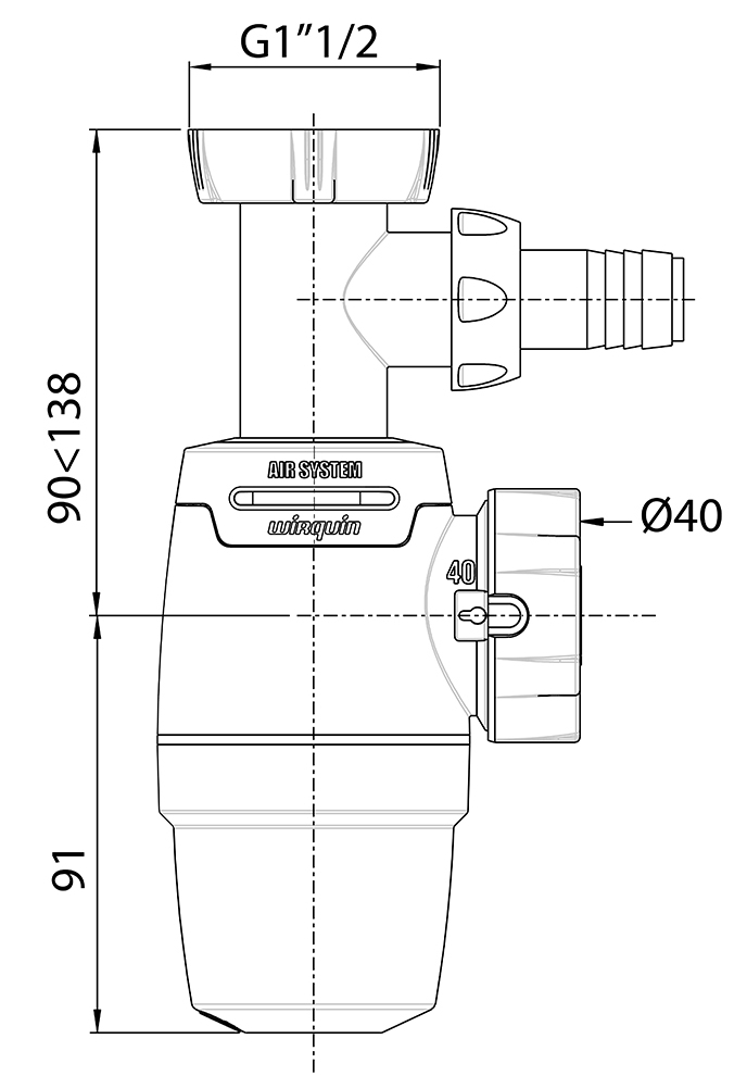 Wirquin Neo Air 1 1/2"xØ40мм с подводом (9542321) Габаритные размеры