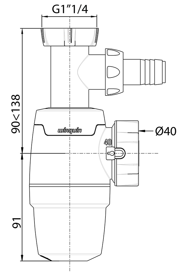 Wirquin Neo Air 1 1/4"xØ40мм с подводом (9541357) Габаритные размеры