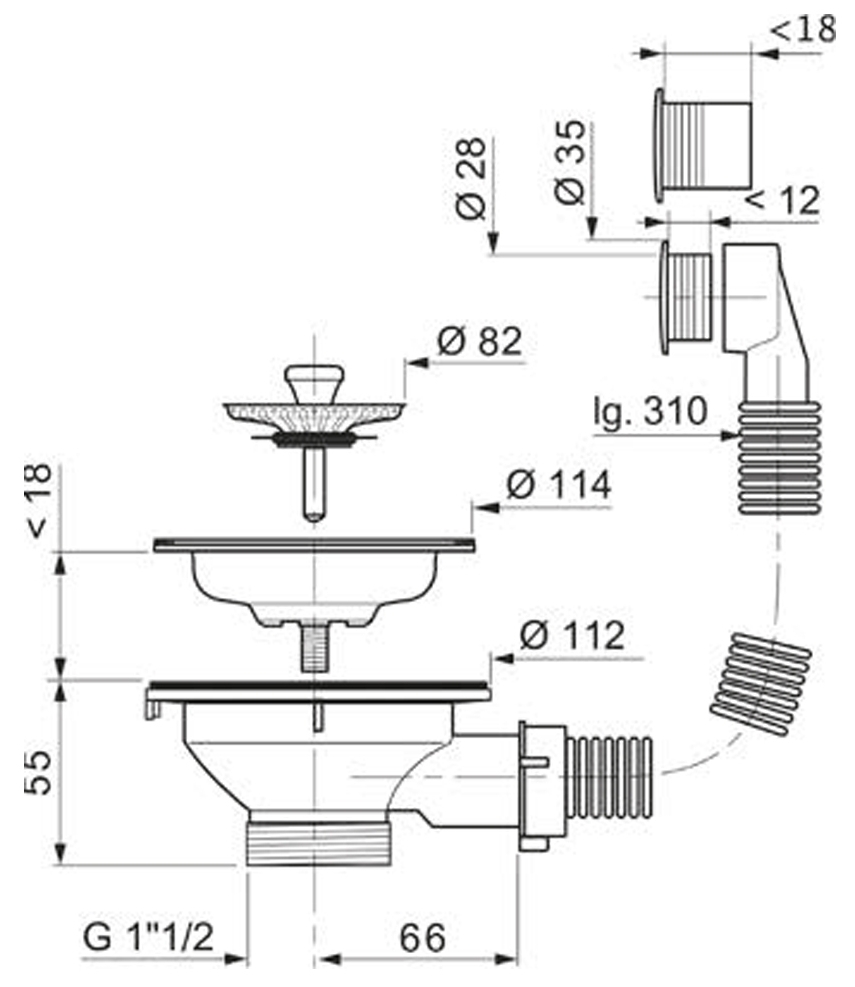 Wirquin 1½" с нерж. решеткой и переливом (9545680) Габаритные размеры
