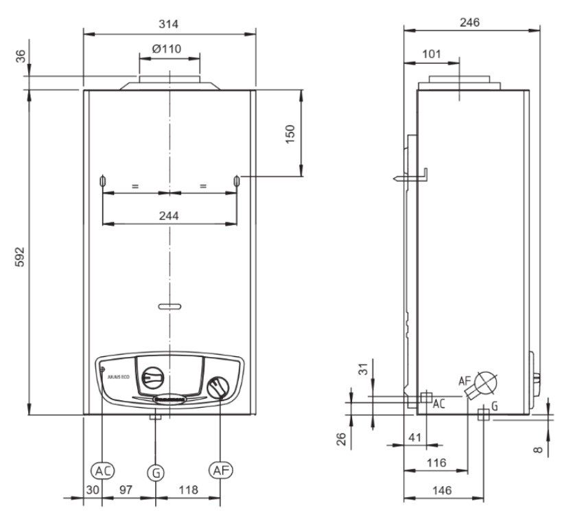Immergas JULIUS ECO 11 Low-NOx Габаритные размеры