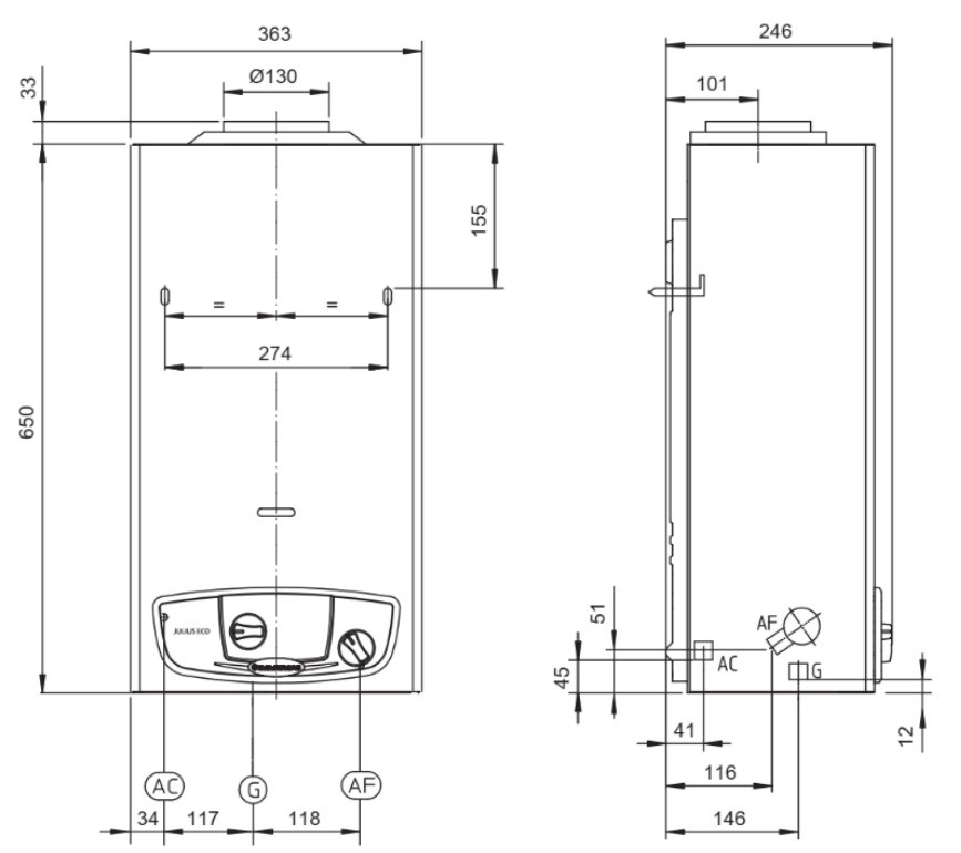 Immergas JULIUS ECO 14 Low NOx Габаритные размеры