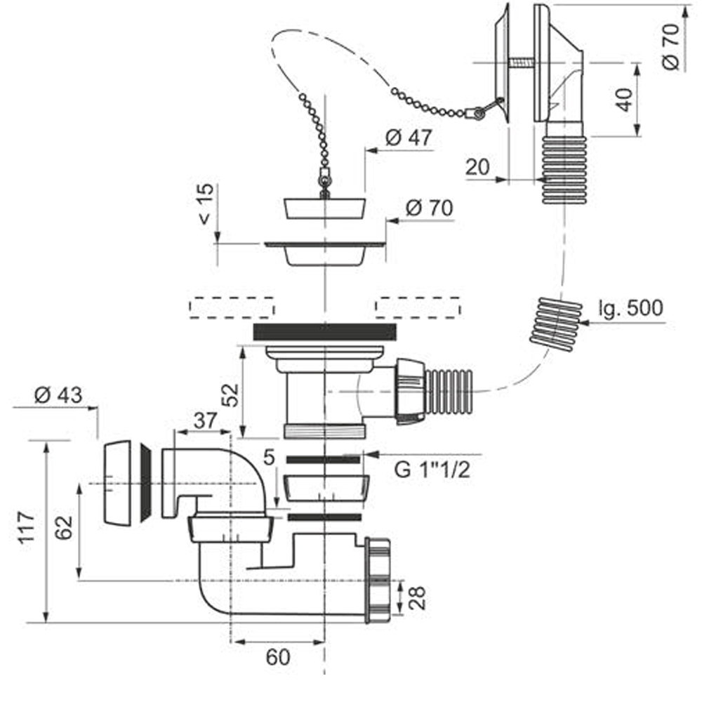 Wirquin Ø40/50мм з пробкою на ланцюжку та адаптером (9543420) Габаритні розміри