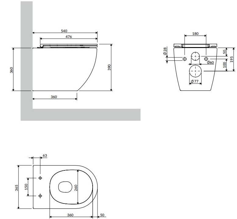 Omnires Ottawa 54x37 Rimless, Gloss White (OTTAWACSPMWBP) Габаритные размеры