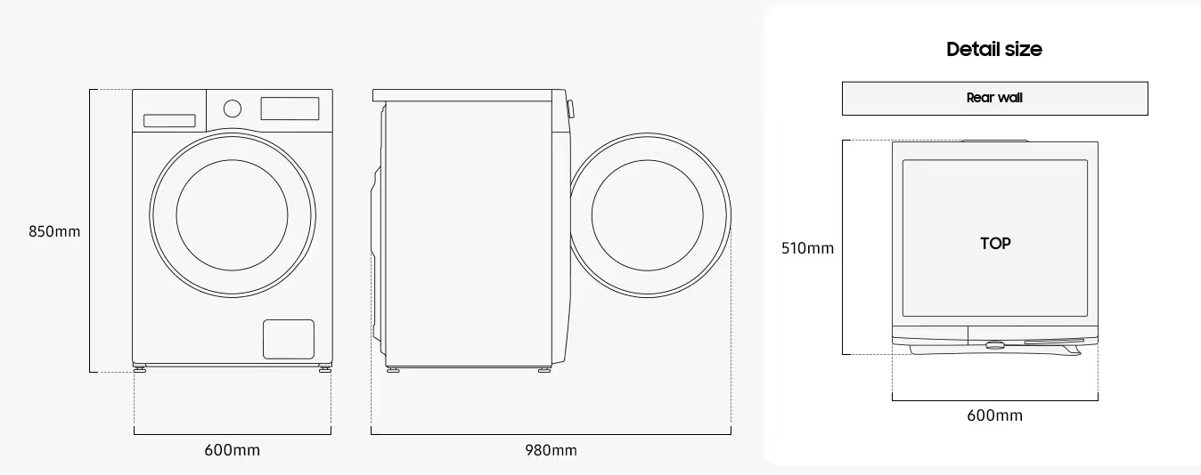 Samsung WW80FG5L32ABLE Габаритні розміри