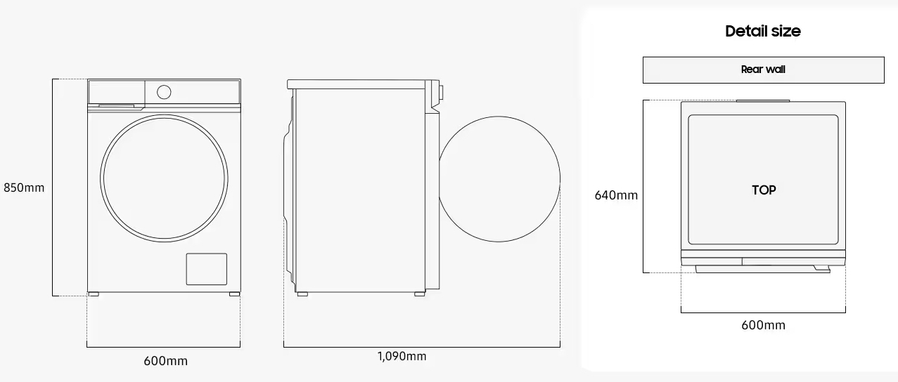 Samsung WD11DB7B85GWUA Габаритні розміри