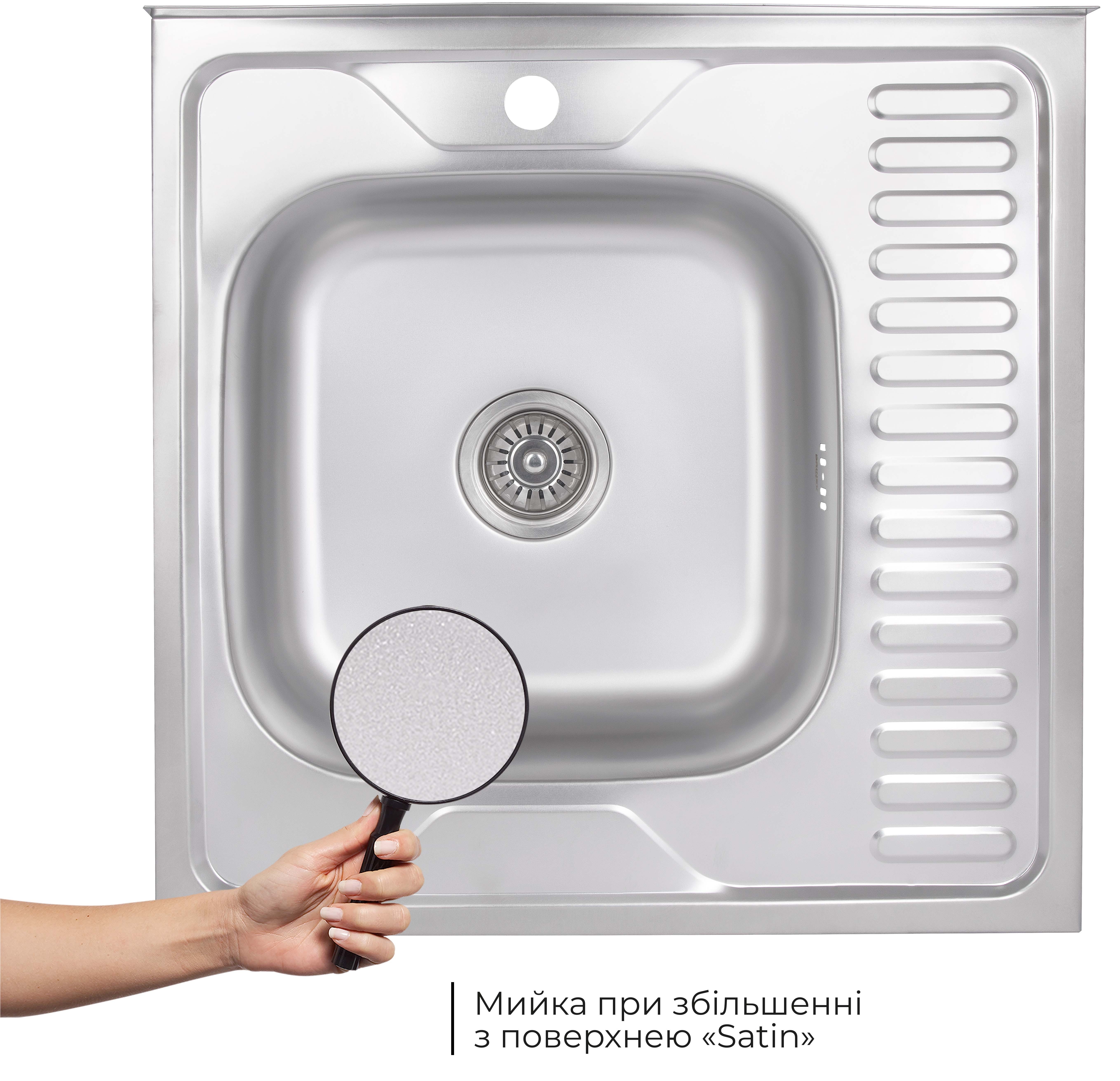 Кухонная мойка Brinex 6060-L 0,6 мм Satin (BRIN6060LSAT06) цена 1296 грн - фотография 2