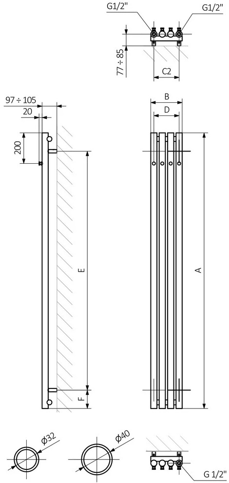 Terma Rolo Hanger 1400x150 (WGROW140015K9M5SX) Габаритные размеры