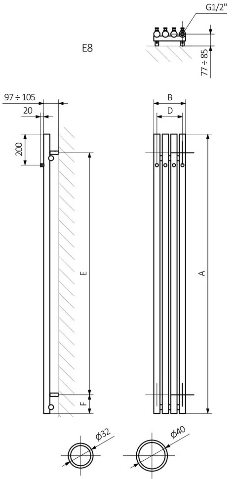 Terma Rolo Hanger E 1200x95 (WLROW120009KJ16E8ORXMX0) Габаритные размеры