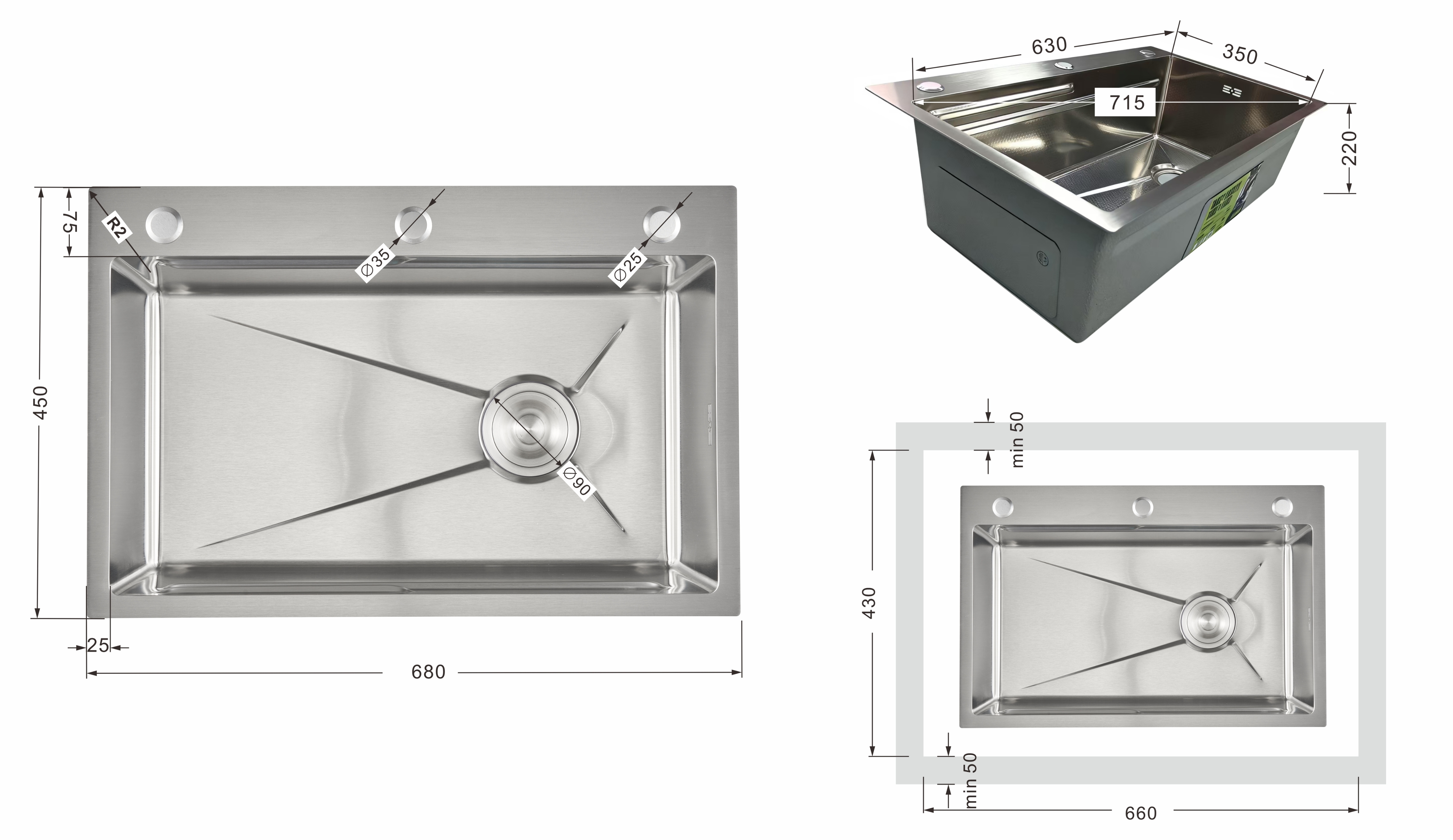 Lidz Handmade H6845 Brushed Steel 3,0/1,0 мм LDH6845BRU49455 Габаритные размеры
