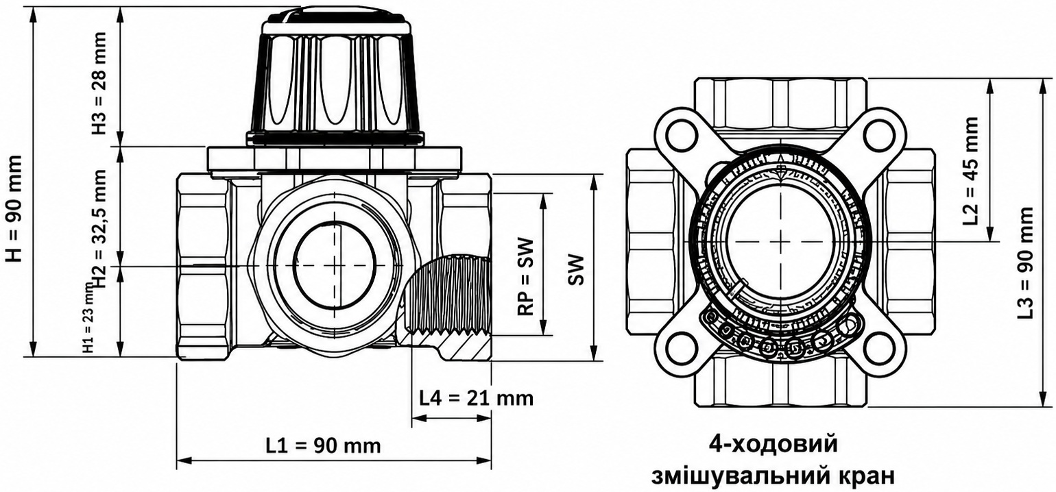 Termojet 1 1/4", kvs 18 (RMV04110-114) Габаритні розміри