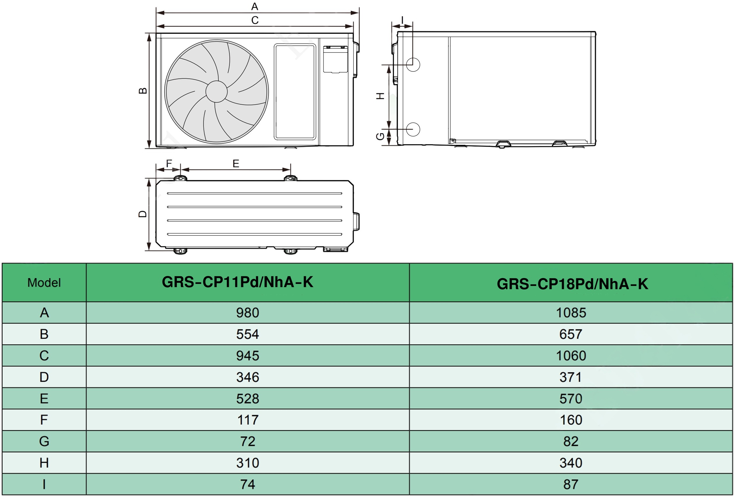 Gree GRS-CP11Pd/NhA-K Габаритні розміри