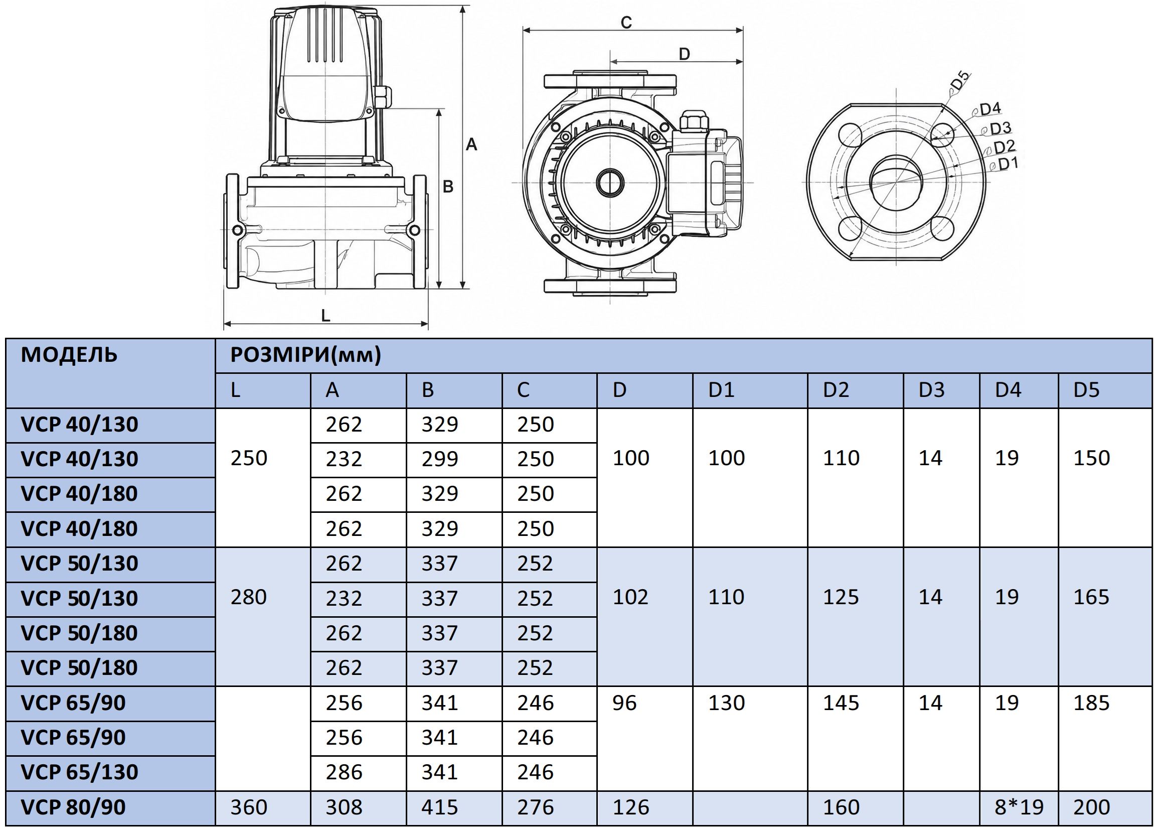 Vinar VCP 40/130 (114000070) Габаритные размеры