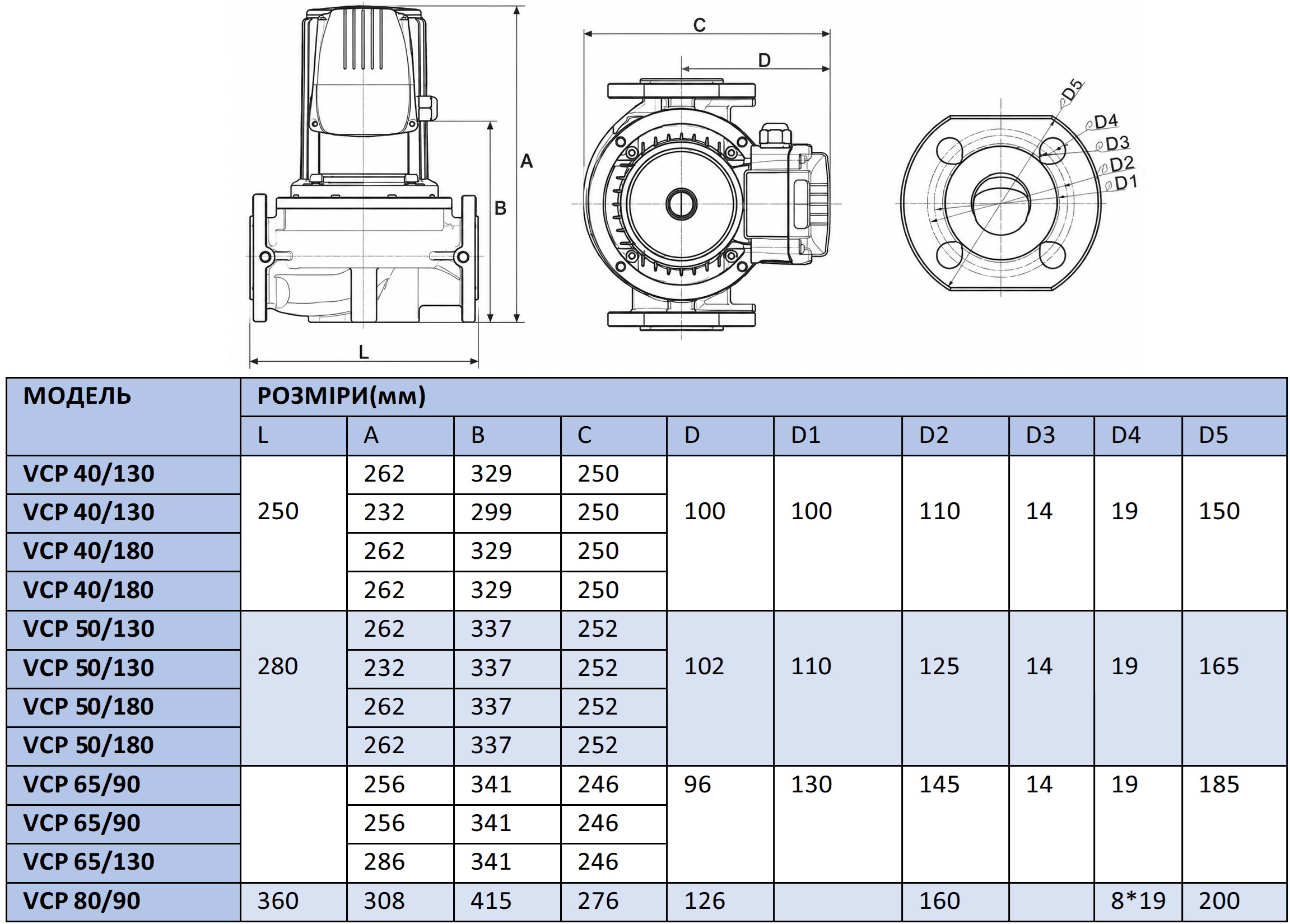 Vinar VCP 50/130 (114000090) Габаритные размеры