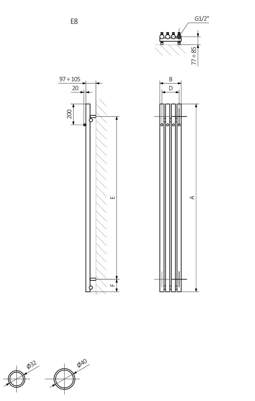 Terma Rolo Hanger E 1400x150 (WLROW140015KBRAE8ORXMX0) Габаритные размеры