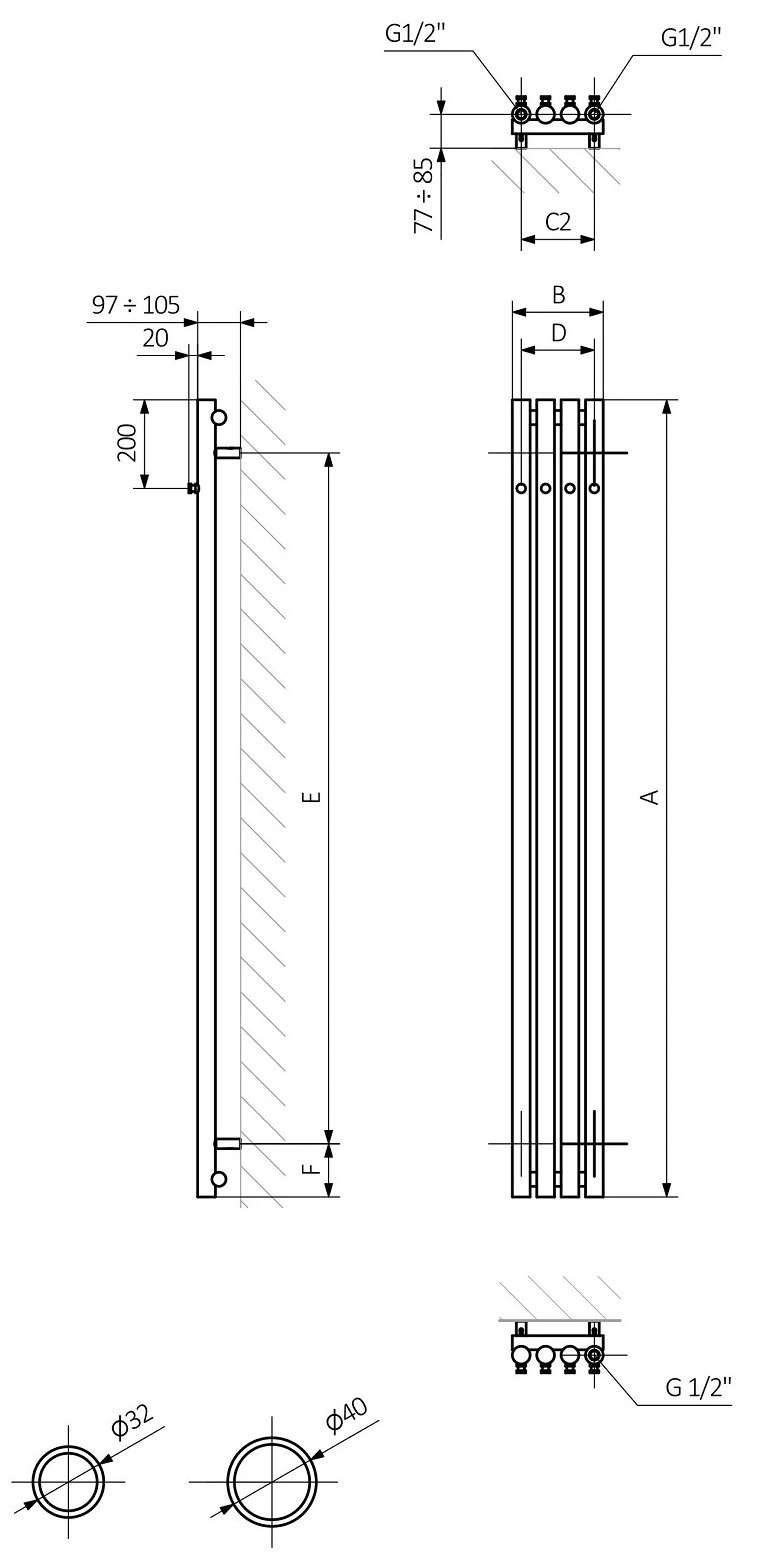 Terma Rolo Hanger 1200x205 (WGROW120020KBRASX) Габаритные размеры