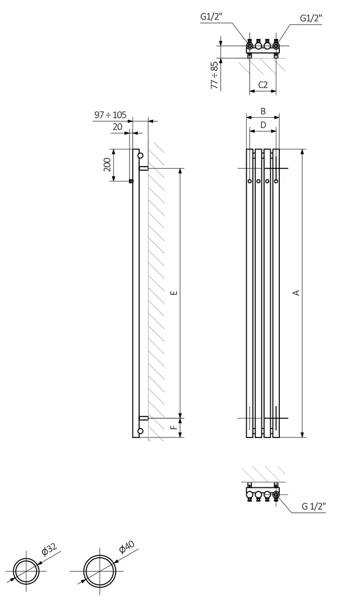 Terma Rolo Hanger 1400x150 (WGROW140015KJ16SX) Габаритные размеры