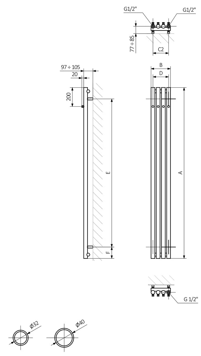 Terma Rolo Hanger 1200x95 (WGROW120009KRAWSX) Габаритные размеры