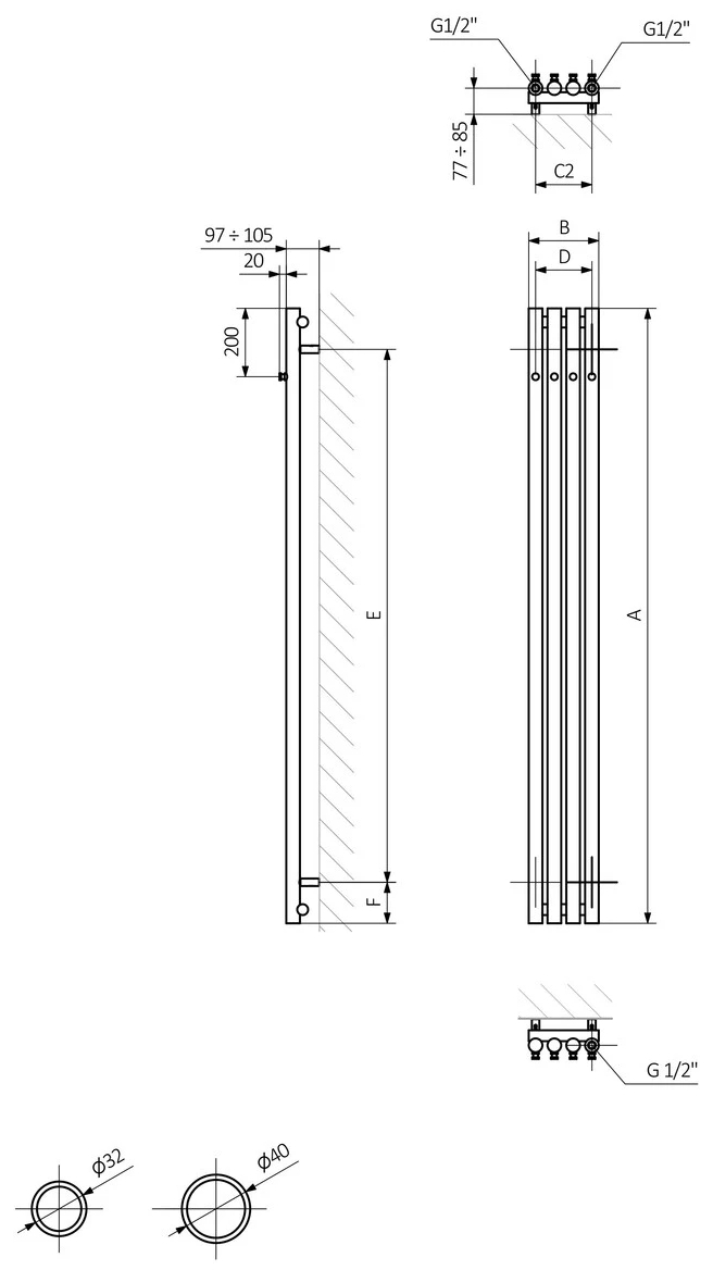 Terma Rolo Hanger 1200x205 (WGROW120020KRAWSX) Габаритные размеры