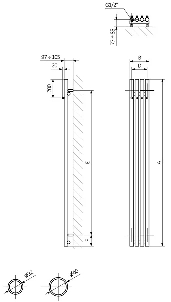 Terma Rolo Hanger E 1200x95 (WLROW120009KAMTE1ORXMX2) Габаритные размеры