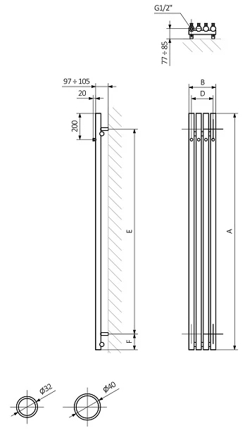 Terma Rolo Hanger E 1400x150 (WLROW140015K9M5E1ORXMX0) Габаритные размеры