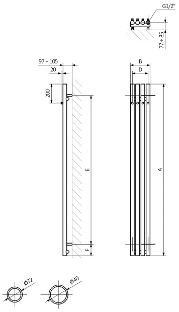Terma Rolo Hanger E 1400x150 (WLROW140015KJ16E8ORXMX0) Габаритные размеры