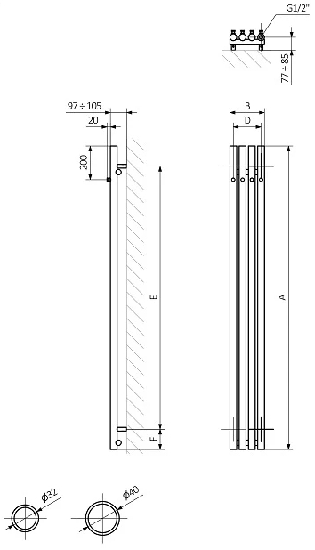 Terma Rolo Hanger E 1400x150 (WLROW140015K9M5E8ORXMX0) Габаритные размеры