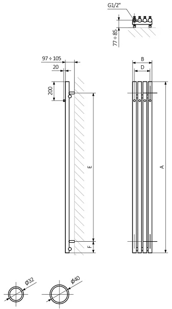 Terma Rolo Hanger E 1200x95 (WLROW120009K9M5E1ORXMX0) Габаритные размеры