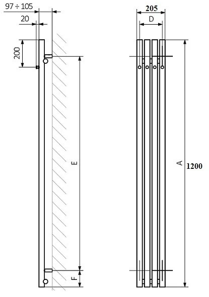 Terma Rolo Hanger 1200x205 (WGROW120020K9M5SX) Габаритные размеры