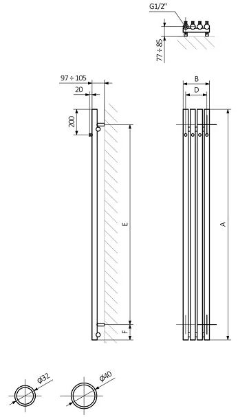 Terma Rolo Hanger E 1200x95 (WLROW120009KJ16E1ORXMX0) Габаритные размеры