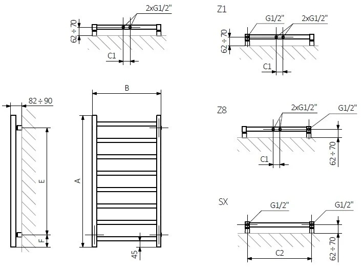 Terma BL037 960x400 (WGB37096040K9M5SX) Габаритные размеры