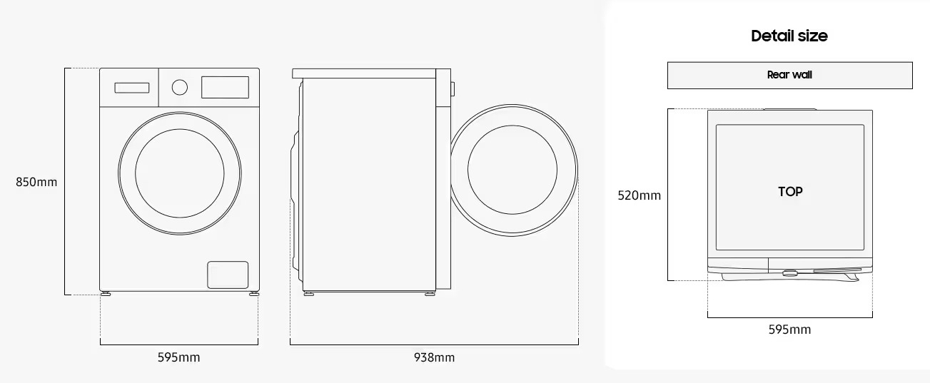 Samsung WW90FG3M05TWLF Габаритні розміри