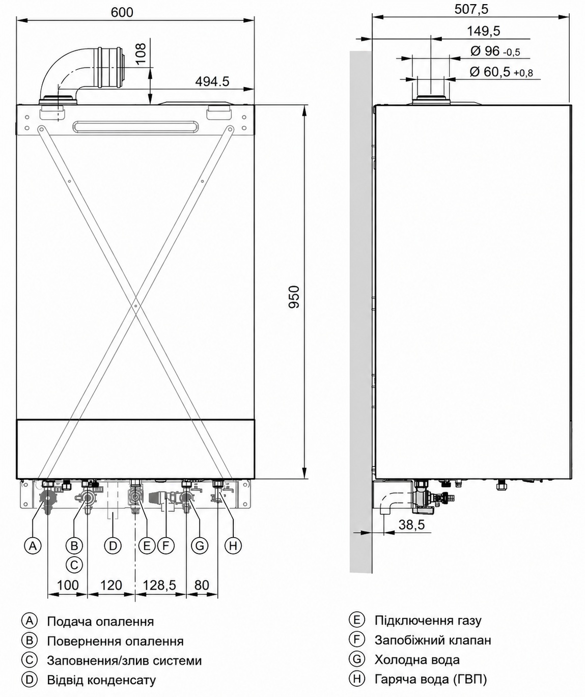 Viessmann Vitodens 111-W B1LG 32 кВт (Z030984) Габаритные размеры