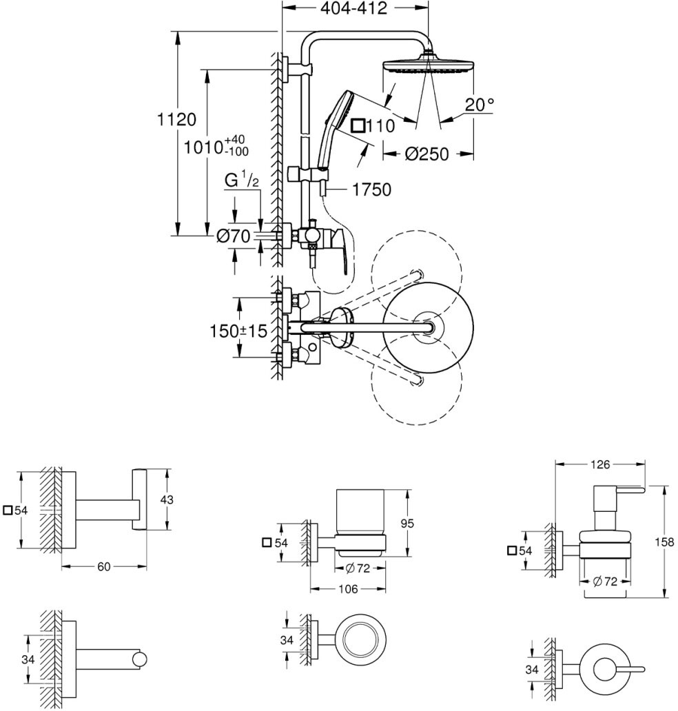 Grohe QuickFix Vitalio Comfort 26985001 з набором аксесуарів BF40961SC (2698540961BF) Габаритні розміри