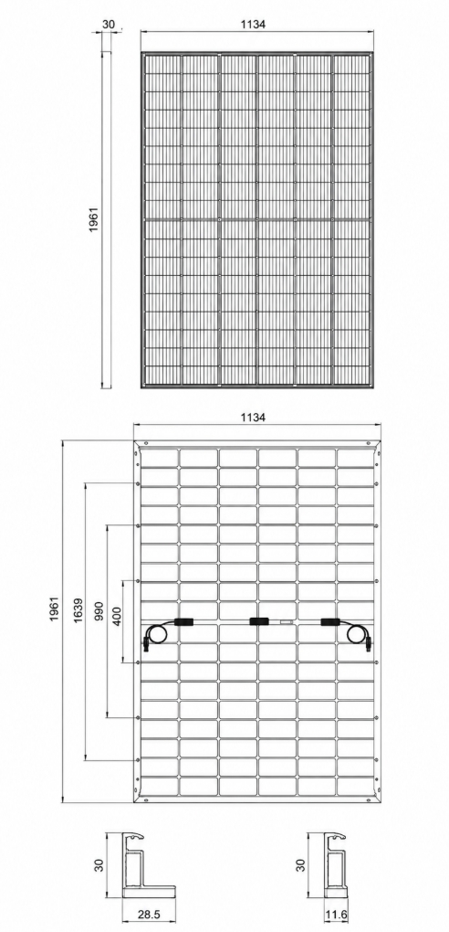 Hanersun HN21RN-54HT 500W bifacial FullBlack (HN21RN-54HT 500W FB) Габаритні розміри
