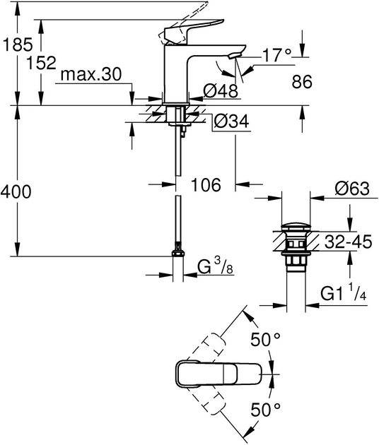 Grohe QuickFix Dice S-Size 1018570000 Уценка Габаритные размеры
