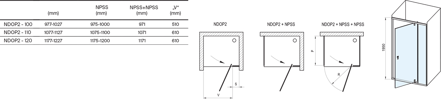 Ravak Nexty NDOP 2-110 сатин Transparent (03OD0U00Z1) Габаритні розміри