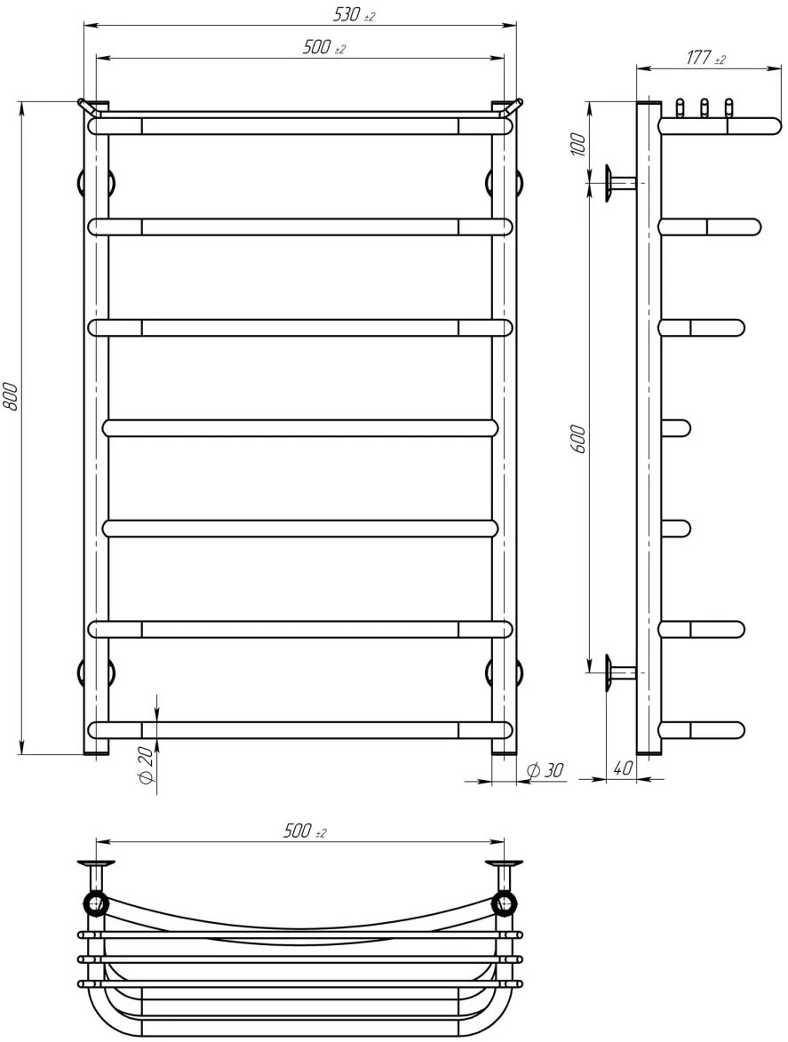 Deffi Юность П7 500x800, черный, EF16, правое подключение (C.YU.80.50.7.E.B.R.1) Габаритные размеры