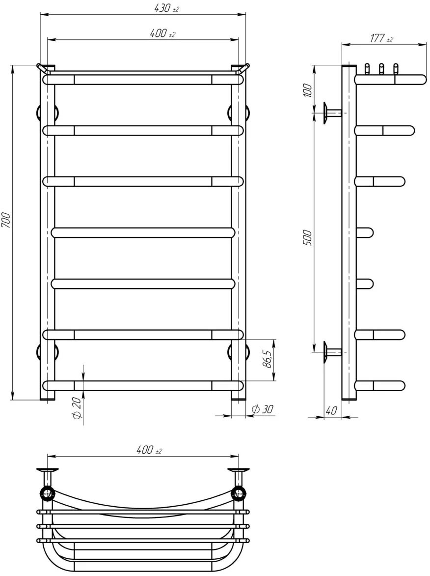 Deffi Юность П7 400*700 Хром, Нижнее подключение (C.YU.70.40.7.C.A) Габаритные размеры