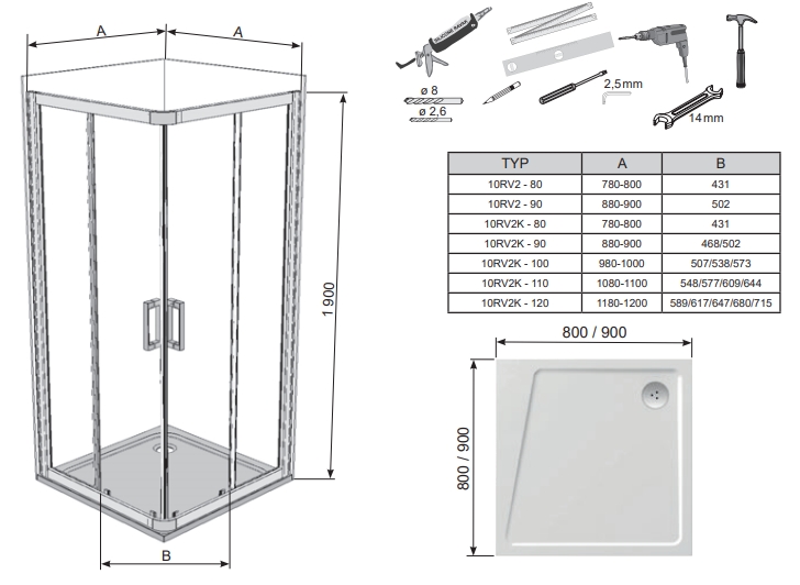 Ravak 10° 90 см 10RV2K-90 сатин+transparent (1ZJ70U00Z1) Габаритные размеры