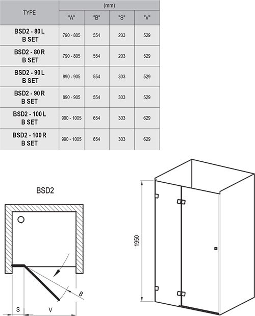 Ravak Brilliant 100 см BSD2-100 A-R хром+transparent (0UPAAA00Z1) Габаритные размеры
