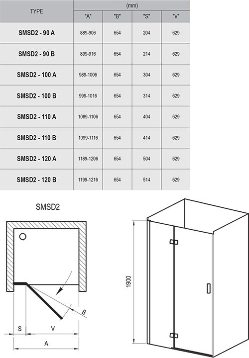 Ravak SmartLine 100 см SMSD2-100 A-R хром+transparent (0SPAAA00Z1) Габаритные размеры