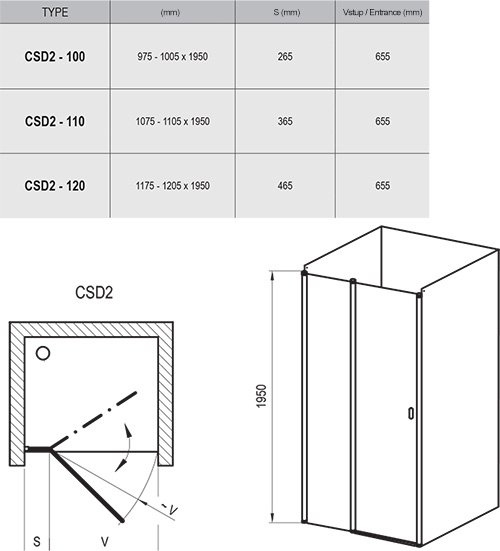 Ravak Chrome 100 см CSD2-100 полірований алюміній+transparent (0QVACC00Z1) Габаритні розміри