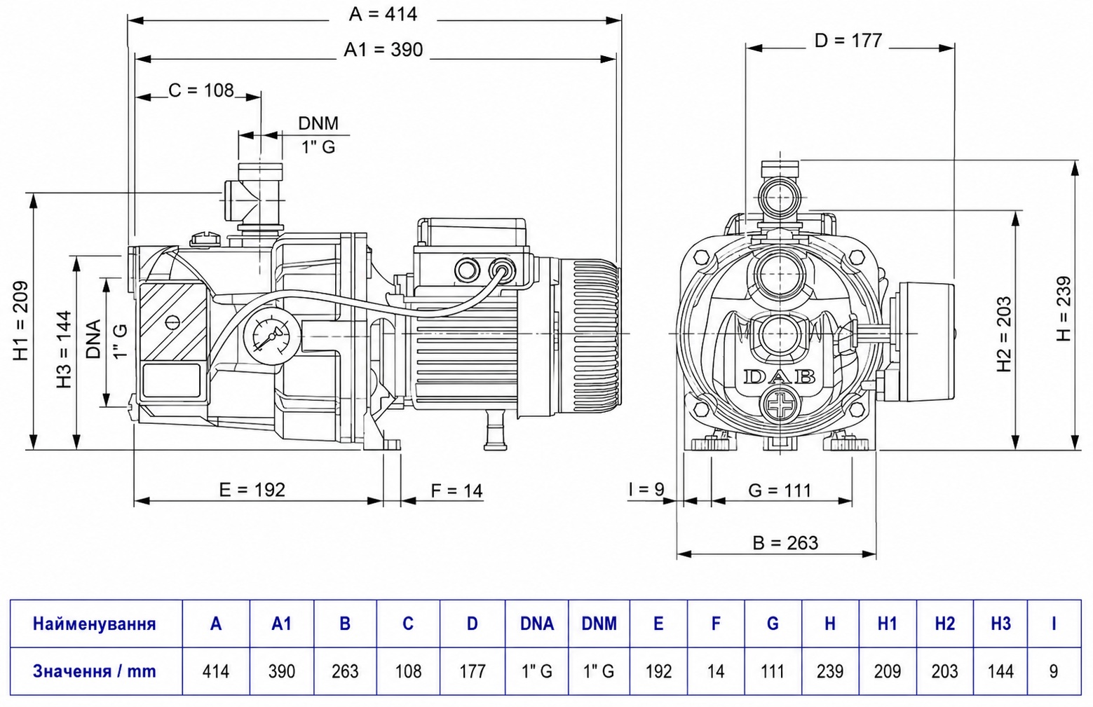 DAB JET 102 M (102660040H) Габаритные размеры
