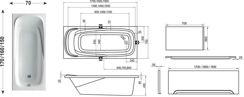 Ravak Vanda II 160x70 (CP11000000-K) Габаритные размеры