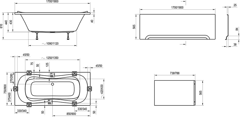 Ravak Campanula II 180x80 (CB21000000-K) Габаритные размеры