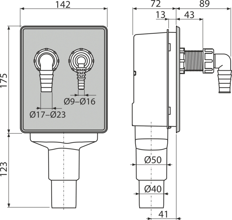 Alcaplast APS6 (для стиральной+сушильной машины) Габаритные размеры