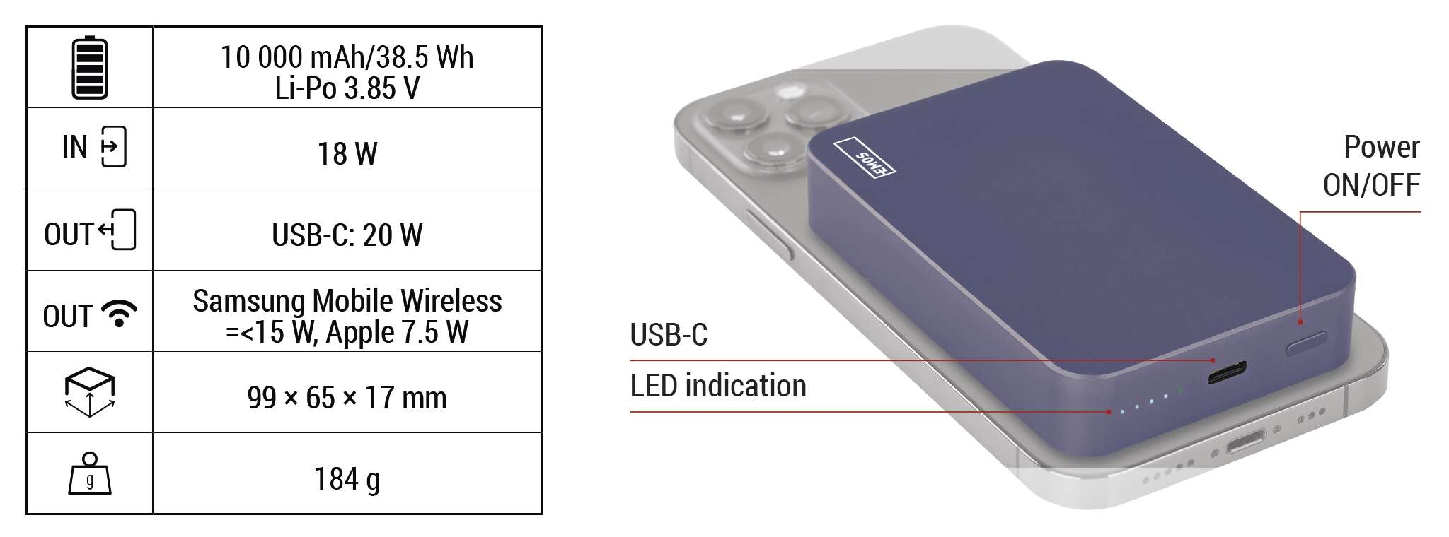 товар Emos B0551BL MagSafe 10000 mAh 20W - photo 13