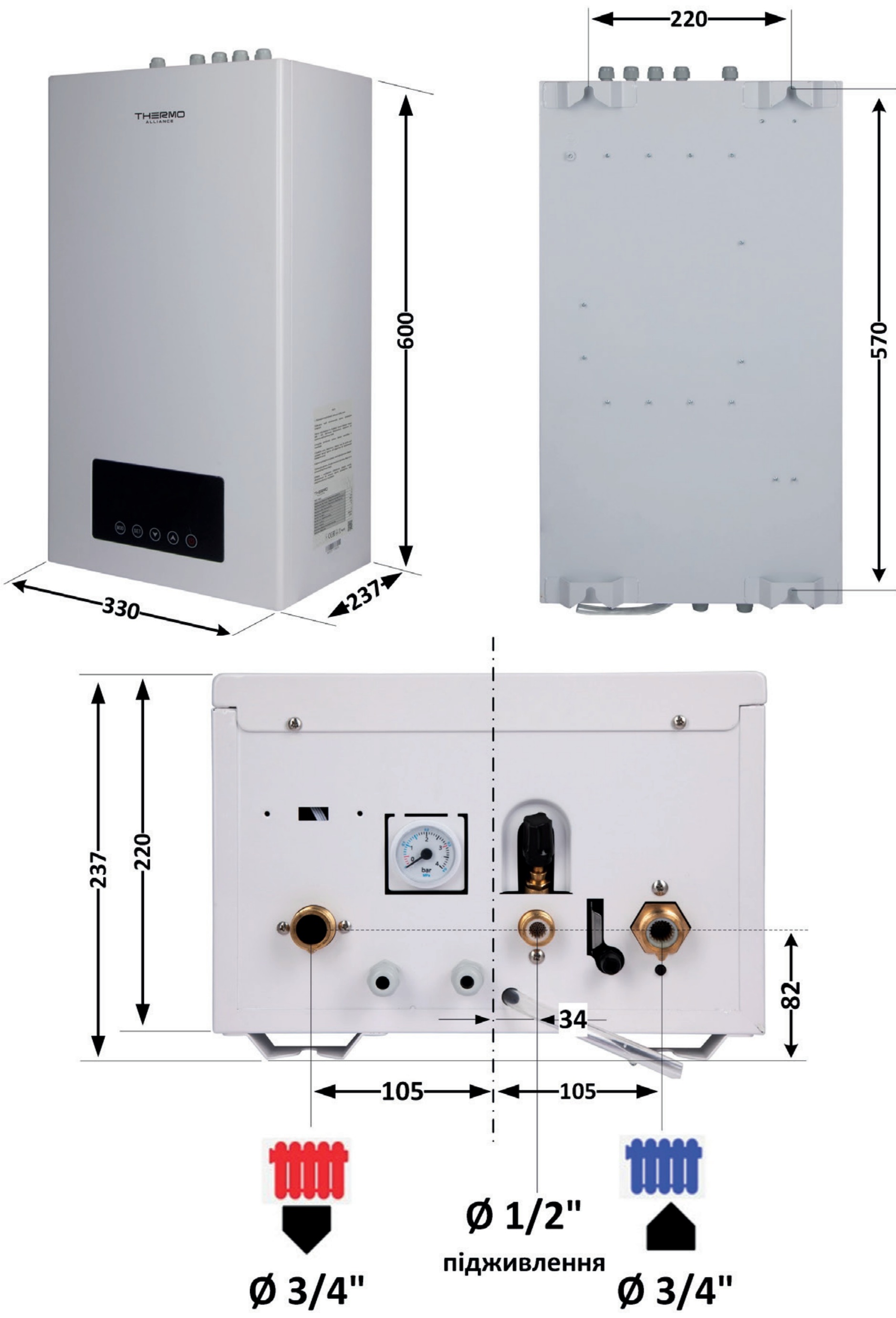 Thermo Alliance 10 кВт + термостат (TA149DCN1047154) Габаритные размеры