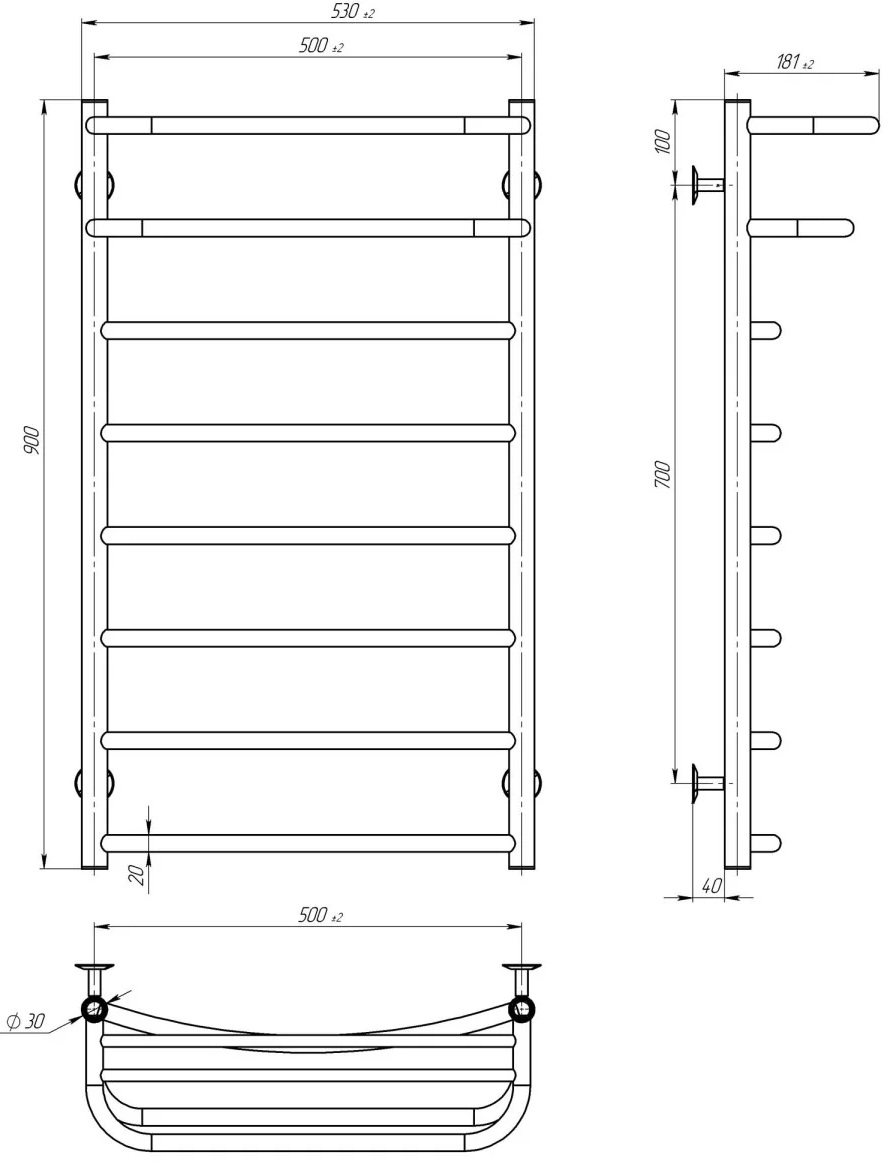 Deffi Отель П8 500x900, хром, JD03, левое подключение (C.OD.90.50.8.E.C.L.1) Габаритные размеры