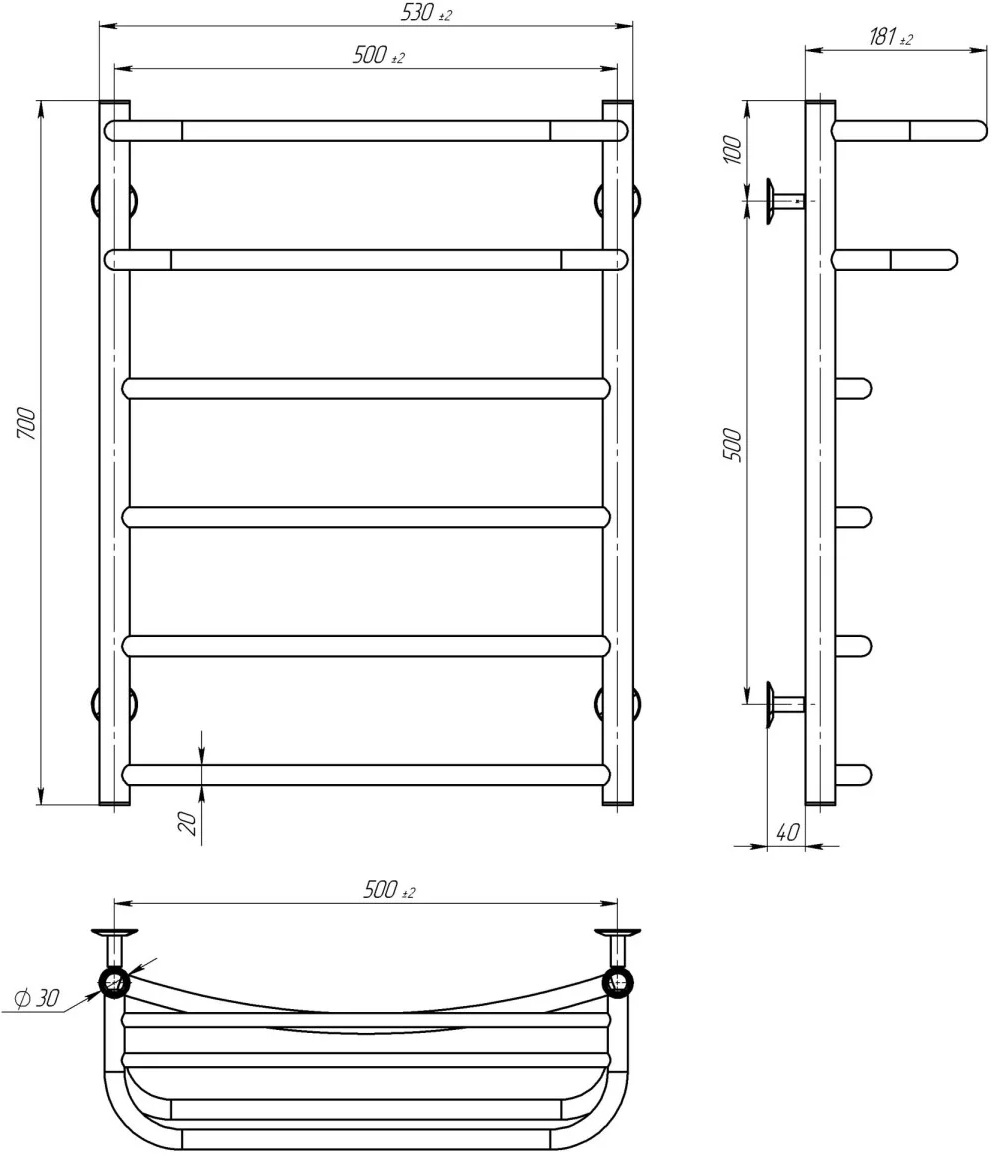 Deffi Отель П6 500x700, хром, JD03, правое подключение (C.OD.70.50.6.E.C.R.1) Габаритные размеры